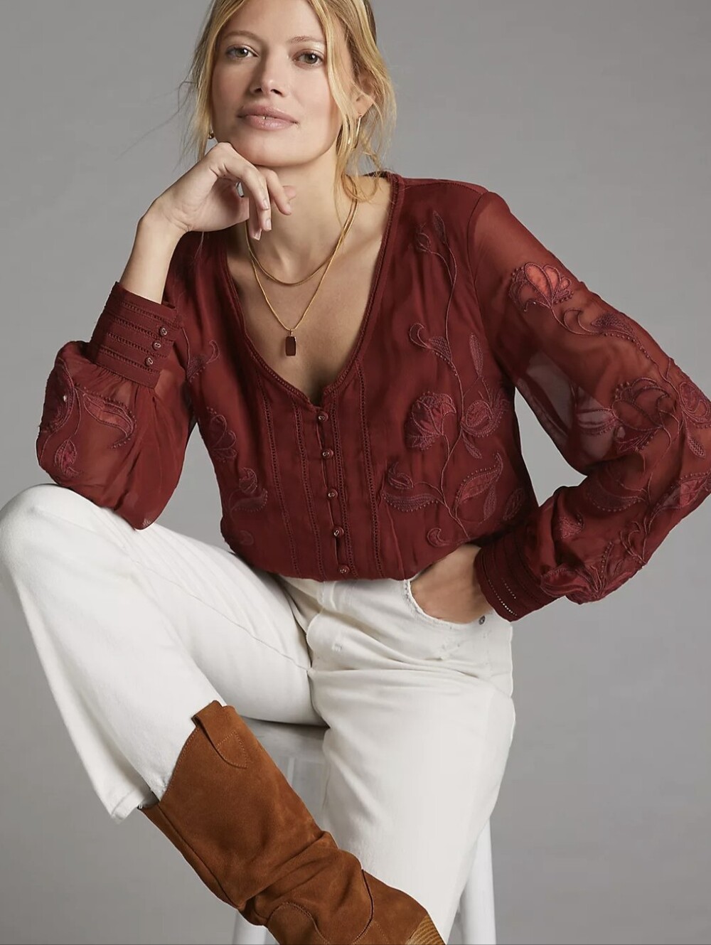 Anthropologie Floral Embroidered Lace Sheer Sleeves Dark Red Wine Size Medium